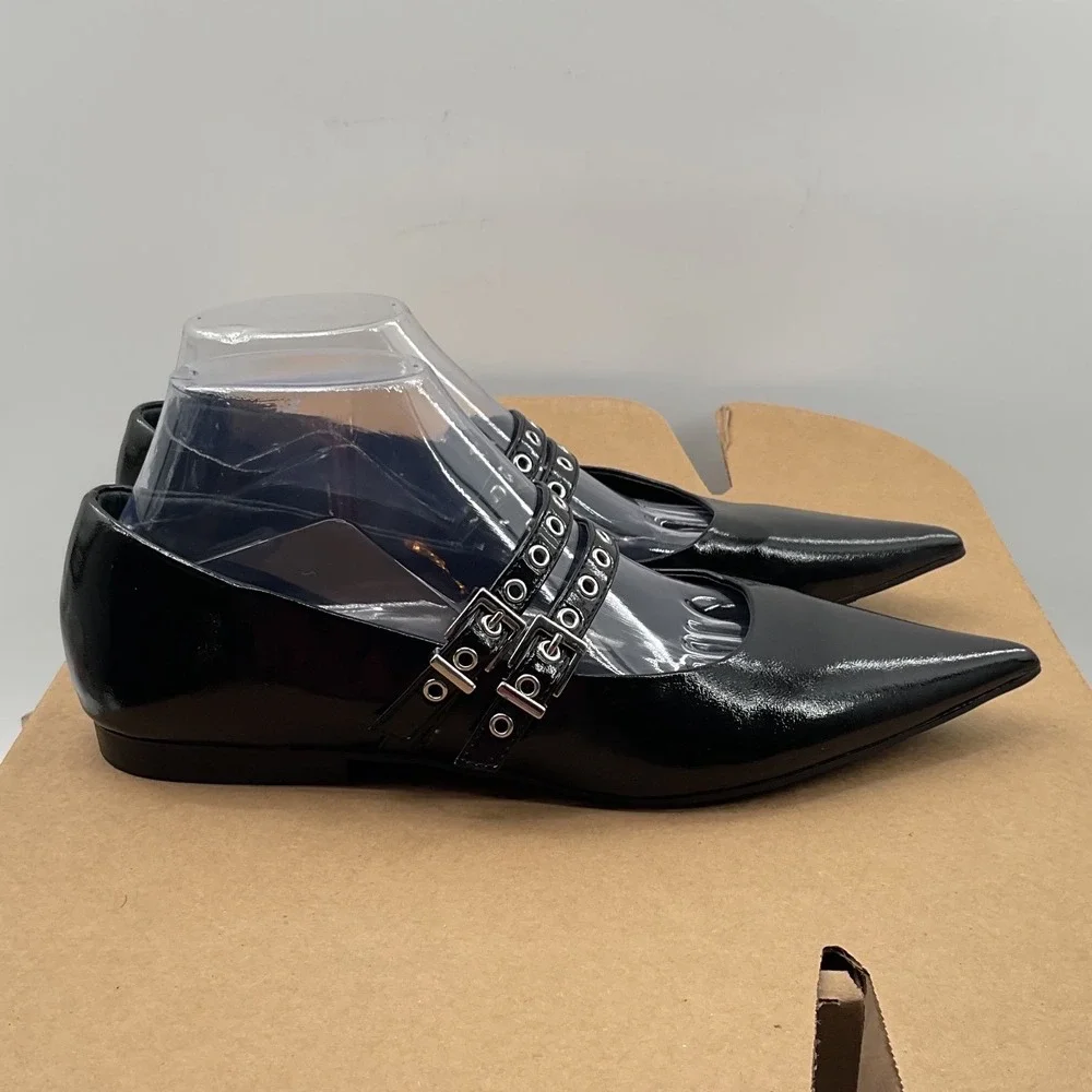 Open Edit Black Patent Pointed Toe Mary Jane Flats Double Grommet Buckle Straps